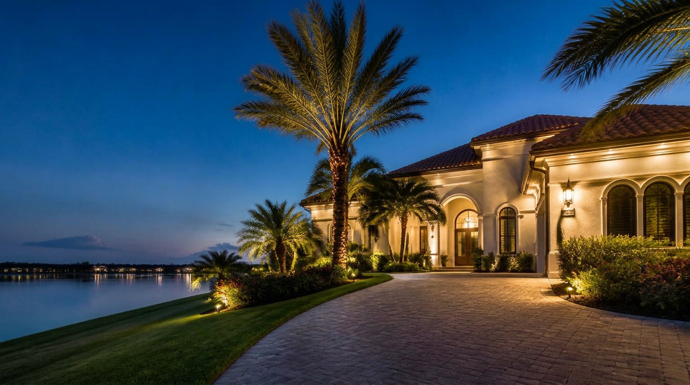 Waterfront Florida home with permanent architectural lighting