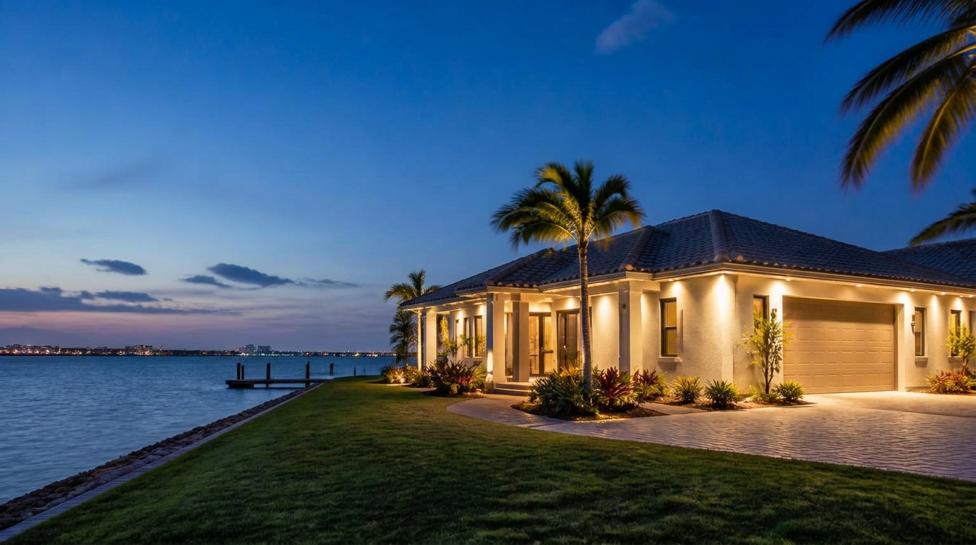 Modern Tampa Bay waterfront home with permanent lighting