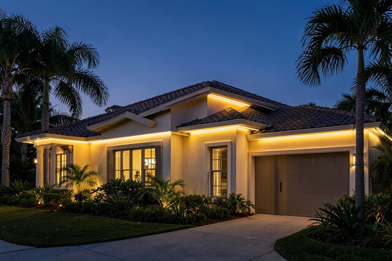 Detail of permanent LED lighting under home eaves