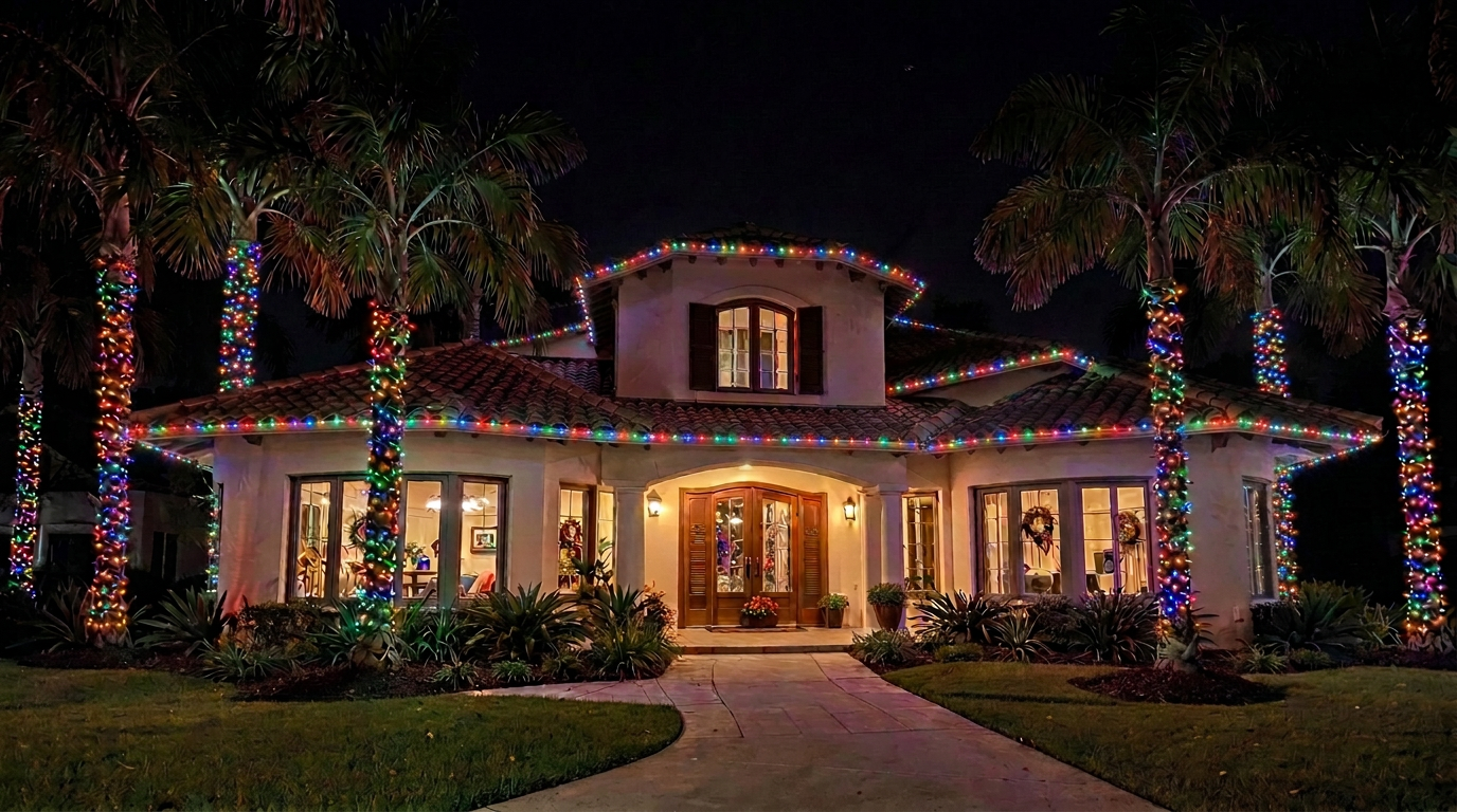 Mediterranean Florida home with multicolor seasonal lights and wrapped palms