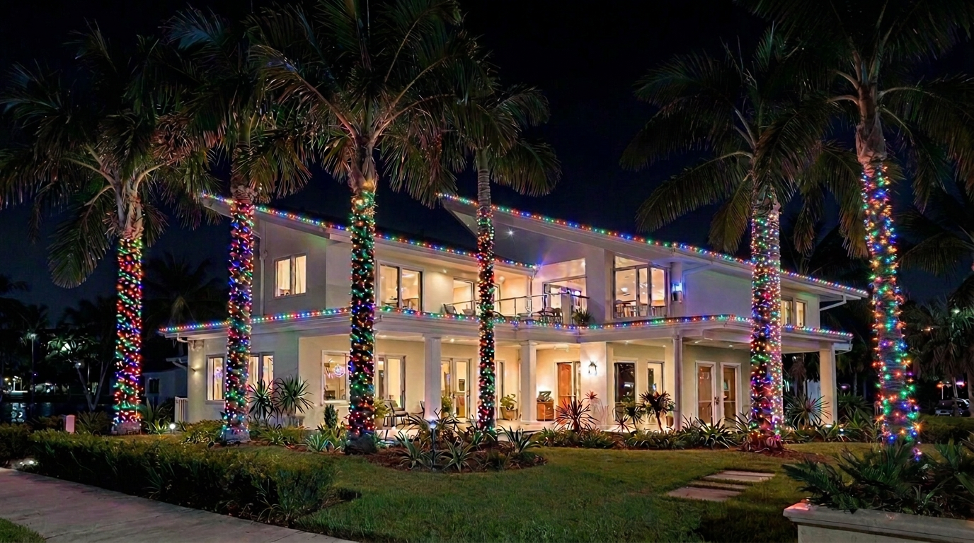 Modern Florida home with multicolor Christmas lights and wrapped palm trees