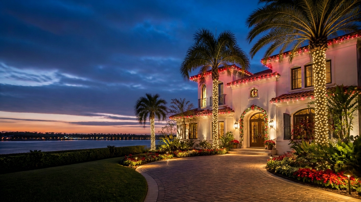 Florida coastal home with red and white Christmas lights