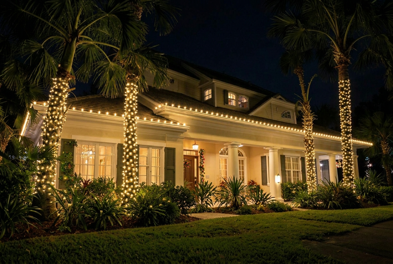 Traditional home decorated with classic warm white Christmas lights