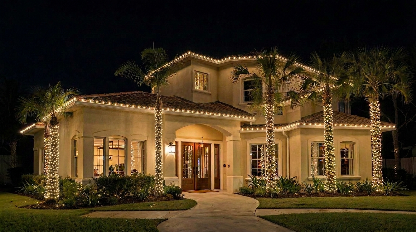 Mediterranean Florida home with straight warm white lights and wrapped palms