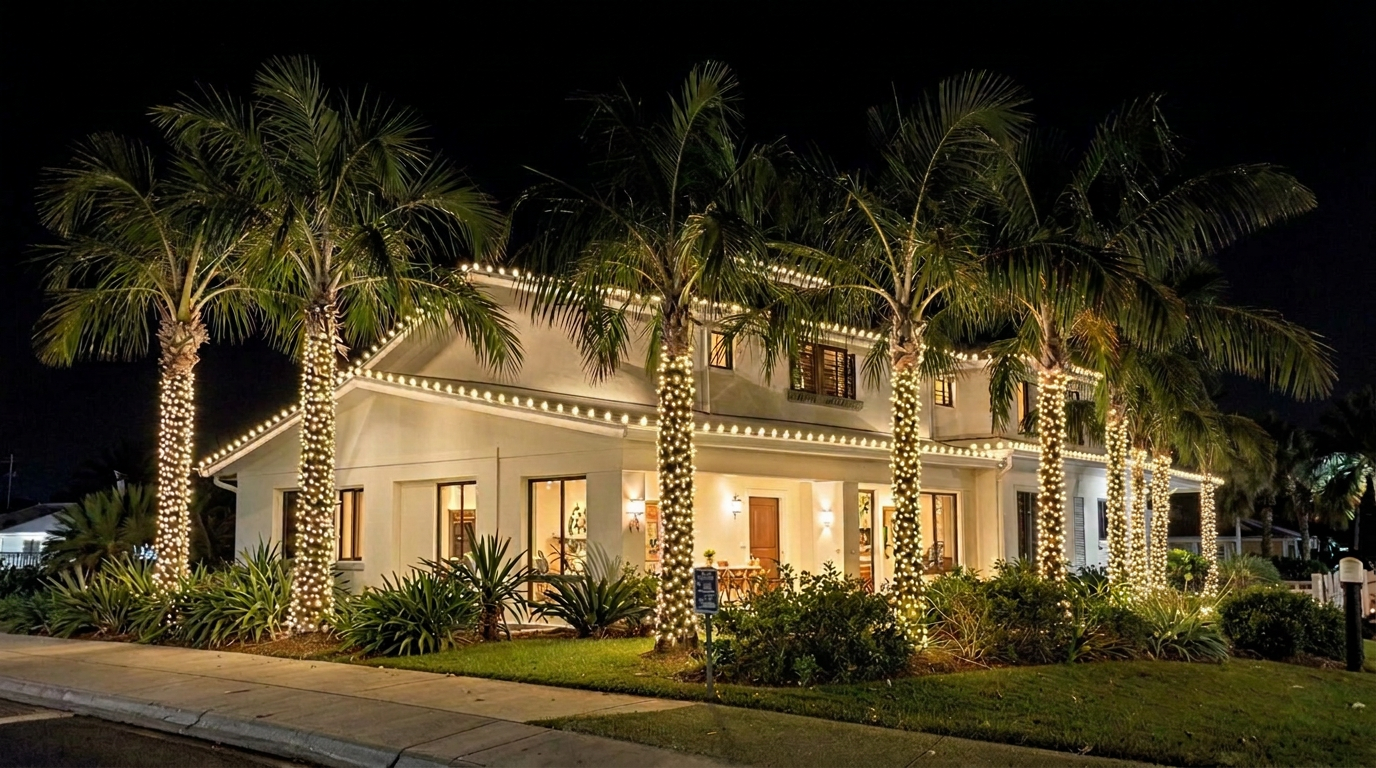 Florida waterfront home with warm white seasonal lights and wrapped palms