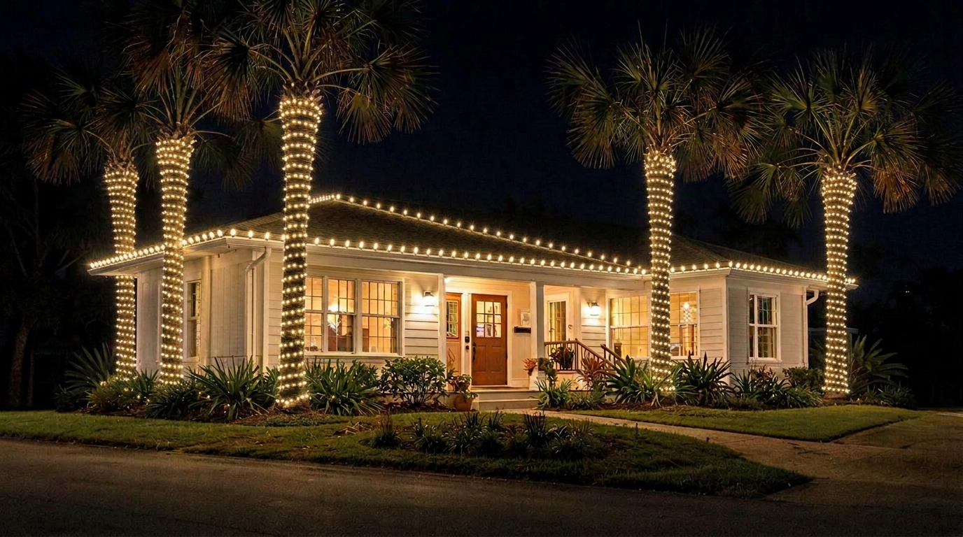 Florida coastal home with warm white roofline lights and wrapped palm trees